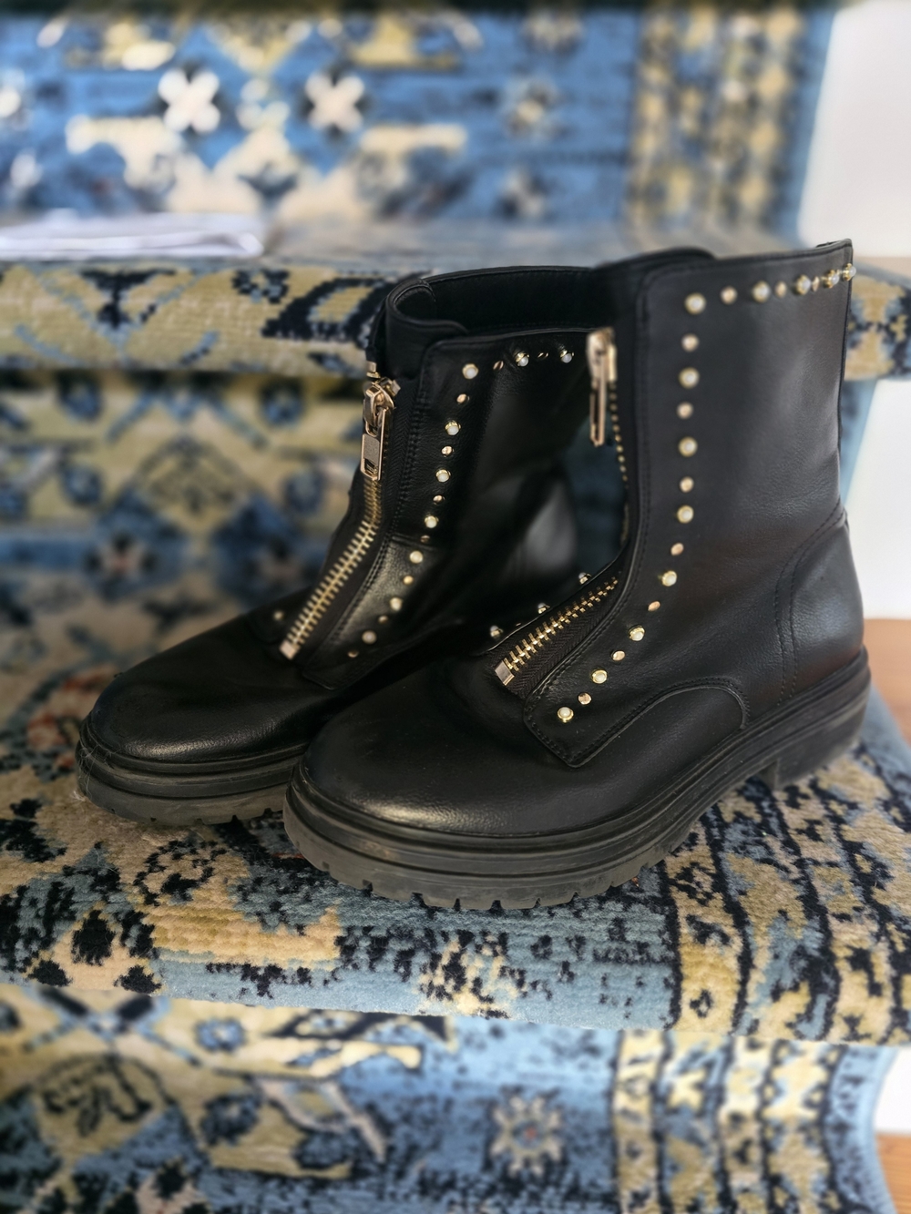 Women's Black Leather Ankle Boots with Gold Stud & Zip Accent